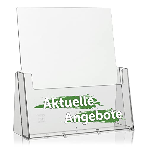 10 Stück taymar DIN A4 Flyerständer, Prospekthalter, transparenter Prospektständer, Tischprospektständer inkl. Bedruckung"Aktuelle Angebote" - weiß-grün von Taymar