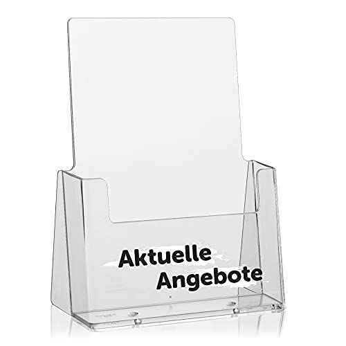 10 Stück taymar DIN A5 Flyerständer, Prospekthalter, transparenter Prospektständer, Tischprospektständer inkl. Bedruckung"Aktuelle Angebote" - schwarz - weiß von Taymar