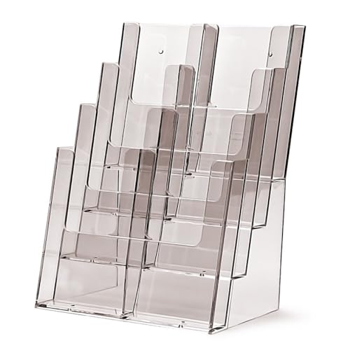 TAYMAR 4C230 Tisch-Prospektständer, Prospektaufsteller im DIN A4 Format (4 Fächer) auf 4 Etagen inkl. Fach-Teilern für eine optionale Umrüstung auf DIN Lang (DL) - trifold mit 8 Fächern – Transparent von TAYMAR