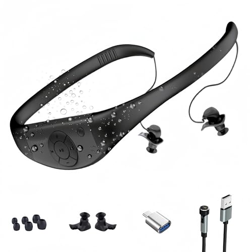Tayogo Kopfhörer Schwimmen, MP3-Player, 8 GB Speicher, IPX8 wasserdicht, magnetische Aufladung und 20 Stunden Akkulaufzeit, MP3/FM-Modus, für Schwimmen (Pool) und Sport(Schwarz) von Tayogo