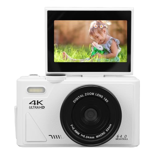 4K Digitalkamera Tragbare 64MP UHD 18x Zoom Autofokus -Kompaktkamera mit 3 -Zoll -Flip -Bildschirm für die Reisefotografie (White) von Tbest
