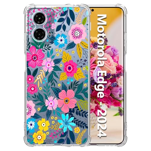 Tcaraersing Schutzhülle für Motorola Moto Edge 2024, transparent mit Blumenmuster, verbesserter vollständiger Kameraschutz, stoßfest, Ecken, transparent, weiches TPU, schlankes Blumenmuster, buntes von Tcaraersing