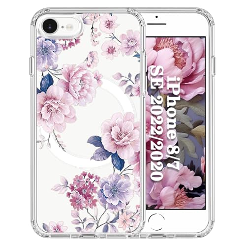 Tcaraersing Schutzhülle für iPhone SE (2022/2020/3./2.), iPhone 8/7, Blumen-Hülle, magnetisch, für MagSafe-Blumenmuster, klar, stoßfest, harte Rückseite aus Polycarbonat, weiche TPU-Rand, schlanke von Tcaraersing