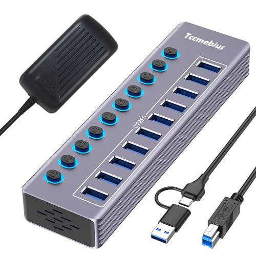 Tccmebius USB Hub Aktiv 3.0 mit 36W(12V/3A) Netzteil, 2-in-1 (USB A/C) zu 10 Port USB 3.0 Daten Hub mit Einzelperson LED EIN/Aus-Schalter, 100cm Kabel, für Laptop MacBook Pro/Air PC (Aluminium Grau) von Tccmebius