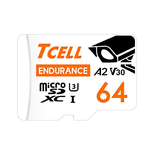 TCELL High Endurance 64 GB microSDXC-Speicherkarte mit Adapter, A2, UHS-I U3, V30, 4K, Micro-SD-Karte, Lesen/Schreiben bis zu 100/80 MB/s, Full HD Microsd für Dashcams, IP/Baby/Körper/Haustierkameras, von Tcell