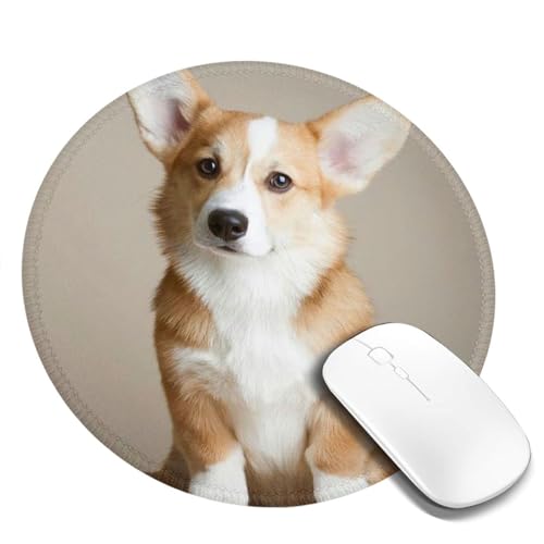 Tcoay Wasserdichtes Mauspad, rundes 8-Zoll-Mauspad, rutschfeste Gummibasis,Lustiges Corgi-Hundemuster von Tcoay