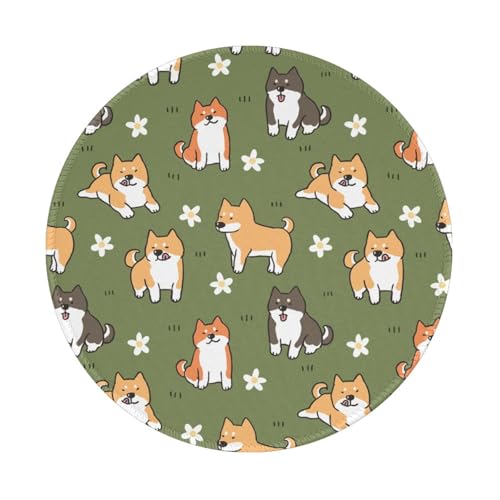 Tcoay Wasserdichtes Mauspad, rundes 8-Zoll-Mauspad, rutschfeste Gummibasis,Shiba Inu Hund Muster Blume Grünen Hintergrund von Tcoay