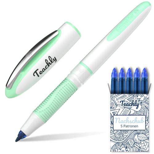 Teachly Superstudent Tintenroller - Nachfüllbarer Stift für Uni, Schule & Büro (Mint) - Inkl. 7 Tintenpatronen (Blau) von Teachly