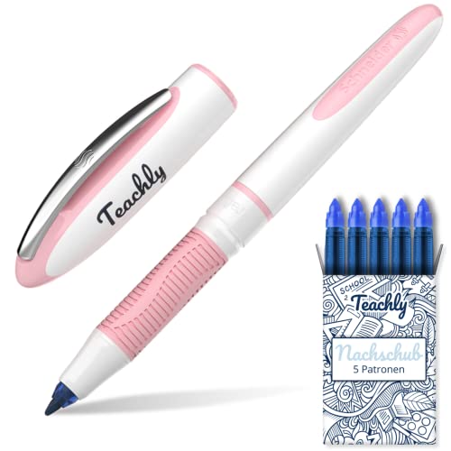 Teachly Superstudent Tintenroller - Nachfüllbarer Stift für Uni, Schule & Büro (Rosé) - Inkl. 7 Tintenpatronen (Blau) von Teachly