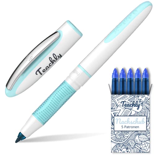Teachly Superstudent Tintenroller - Nachfüllbarer Stift für Uni, Schule & Büro (Türkis) - Inkl. 7 Tintenpatronen (Blau) von Teachly