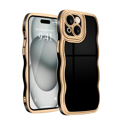 Teageo Hülle für iPhone 15, Eleganz Golden Rand Galvanisierte Wellenform Handyhülle Anti-Drop Stoßfest Kameraschutz Phone Case für iPhone 15, Schwarz Teageo Hülle für iPhone 15, Eleganz Golden Rand Galvanisierte Wellenform Handyhülle Anti-Drop Stoßfest Kameraschutz Phone Case für iPhone 15, Schwarz von Teageo