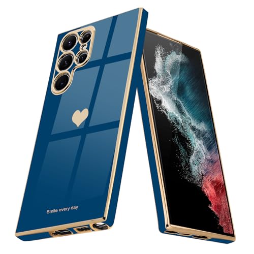 Teageo Kompatibel mit Samsung Galaxy S22 Ultra 5G Hülle, Süße Herz Mädchen Handyhülle Luxuriös Galvanisierte Weich TPU Kameraschutz Kratzfest Stoßfest Schutzhülle für S22 Ultra 5G, Marine Blau von Teageo