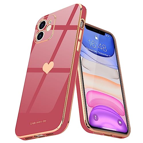 Teageo Kompatibel mit iPhone 11 Hülle, Süße Herzmuster Mädchen Handyhülle Luxuriös Galvanisierte Weich TPU Kameraschutz Kratzfest Stoßfest Schutzhülle Bumper Phone Case für iPhone 11, Kamelienrot von Teageo