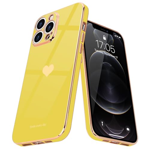 Teageo Kompatibel mit iPhone 12 Pro Hülle, Süße Herz Mädchen Handyhülle Luxuriös Galvanisierte Weich TPU Kameraschutz Kratzfest Stoßfest Schutzhülle Bumper Phone Case für iPhone 12 Pro, Gelb von Teageo