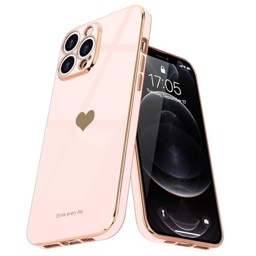 Teageo Kompatibel mit iPhone 12 Pro Max Hülle, Herzförmig Mädchen Handyhülle Luxuriös Galvanisierte Weich TPU Kameraschutz Kratzfest Stoßfest Bumper Schutzhülle für iPhone 12 Pro Max, Licht Rosa von Teageo