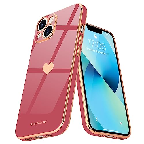 Teageo Kompatibel mit iPhone 13 Hülle, Süße Herzmuster Mädchen Handyhülle Luxuriös Galvanisierte Weich TPU Kameraschutz Kratzfest Stoßfest Schutzhülle Bumper Phone Case für iPhone 13, Kamelienrot von Teageo