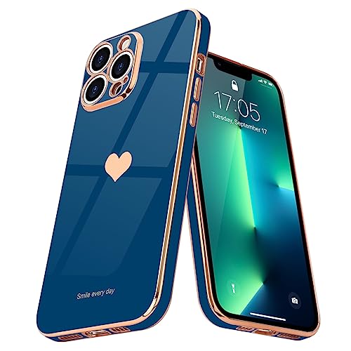 Teageo Kompatibel mit iPhone 13 Pro Hülle, Süße Herz Mädchen Handyhülle Luxuriös Galvanisierte Weich TPU Kameraschutz Kratzfest Stoßfest Bumper Schutzhülle für iPhone 13 Pro, Marine Blau von Teageo