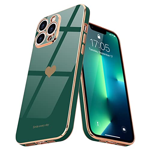 Teageo Kompatibel mit iPhone 13 Pro Max Hülle, Süße Herz Mädchen Handyhülle Luxuriös Galvanisierte Weich TPU Kameraschutz Kratzfest Stoßfest Bumper Schutzhülle für iPhone 13 Pro Max, Dunkelgrün von Teageo