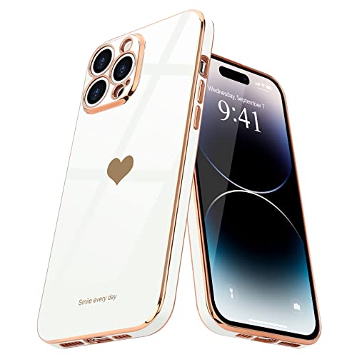 Teageo Kompatibel mit iPhone 14 Pro Hülle, Süße Herz Mädchen Handyhülle Luxuriös Galvanisierte Weich TPU Kameraschutz Kratzfest Stoßfest Schutzhülle Bumper Phone Case für iPhone 14 Pro, Weiß von Teageo