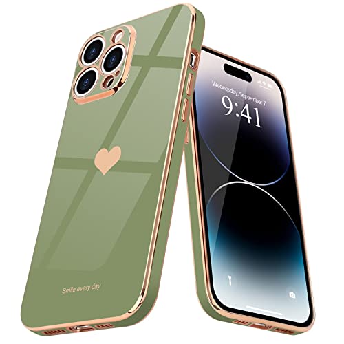 Teageo Kompatibel mit iPhone 14 Pro Hülle, Süße Herz Mädchen Handyhülle Luxuriös Galvanisierte Weich TPU Kameraschutz Kratzfest Stoßfest Schutzhülle Bumper Phone Case für iPhone 14 Pro, Lichtgrün von Teageo