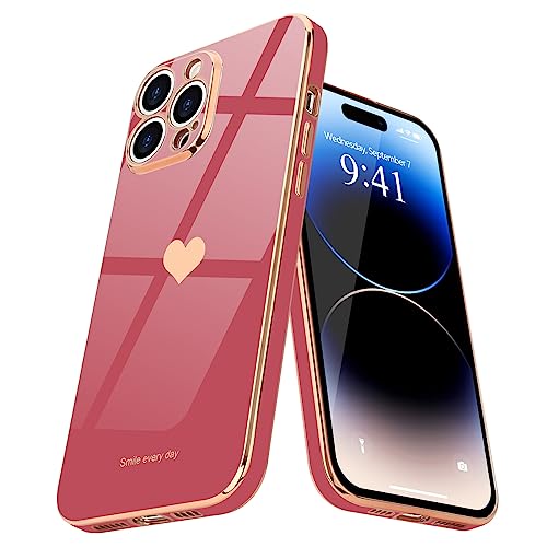 Teageo Kompatibel mit iPhone 14 Pro Hülle, Süße Herz Mädchen Handyhülle Luxuriös Galvanisierte Weich TPU Kameraschutz Kratzfest Stoßfest Schutzhülle Bumper Phone Case für iPhone 14 Pro, Kamelienrot von Teageo