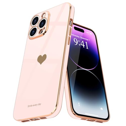 Teageo Kompatibel mit iPhone 14 Pro Max Hülle, Süße Herz Mädchen Handyhülle Luxuriös Galvanisierte Weich TPU Kameraschutz Kratzfest Stoßfest Schutzhülle Phone Case für iPhone 14 Pro Max, Licht Rosa von Teageo