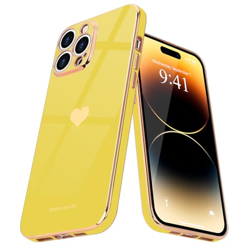 Teageo Kompatibel mit iPhone 14 Pro Max Hülle, Süße Herz Mädchen Handyhülle Luxuriös Galvanisierte Weich TPU Kameraschutz Kratzfest Stoßfest Schutzhülle Phone Case für iPhone 14 Pro Max, Gelb von Teageo