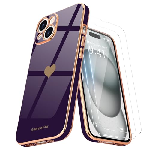 Teageo Kompatibel mit iPhone 15 Hülle + 2 Stück Schutzfolie, Mädchen Herz Styling Hülle Galvanisierte Weich TPU Handyhülle Kameraschutz Kratzfest Phone Case für iPhone 15, Dunkles Lila Teageo Kompatibel mit iPhone 15 Hülle + 2 Stück Schutzfolie, Mädchen Herz Styling Hülle Galvanisierte Weich TPU Handyhülle Kameraschutz Kratzfest Phone Case für iPhone 15, Dunkles Lila von Teageo