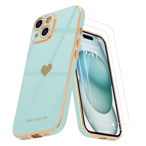 Teageo Kompatibel mit iPhone 15 Hülle + 2 Stück Schutzfolie, Mädchen Herz Styling Hülle Galvanisierte Weich TPU Handyhülle Kameraschutz Kratzfest Phone Case für iPhone 15, Juwel Grün Teageo Kompatibel mit iPhone 15 Hülle + 2 Stück Schutzfolie, Mädchen Herz Styling Hülle Galvanisierte Weich TPU Handyhülle Kameraschutz Kratzfest Phone Case für iPhone 15, Juwel Grün von Teageo