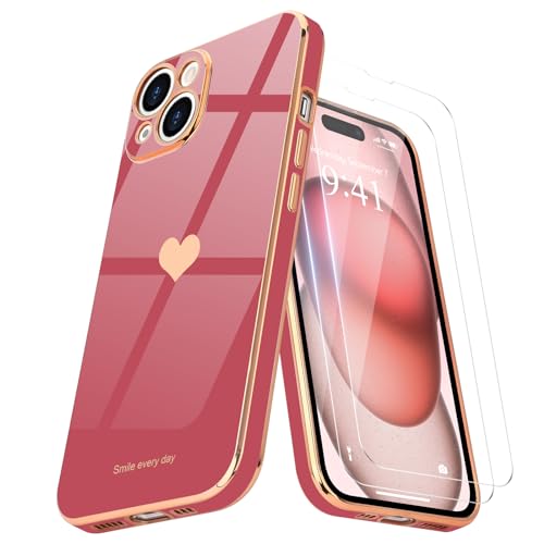 Teageo Kompatibel mit iPhone 15 Hülle + 2 Stück Schutzfolie, Mädchen Herz Styling Hülle Galvanisierte Weich TPU Handyhülle Kameraschutz Kratzfest Phone Case für iPhone 15, Kamelienrot von Teageo