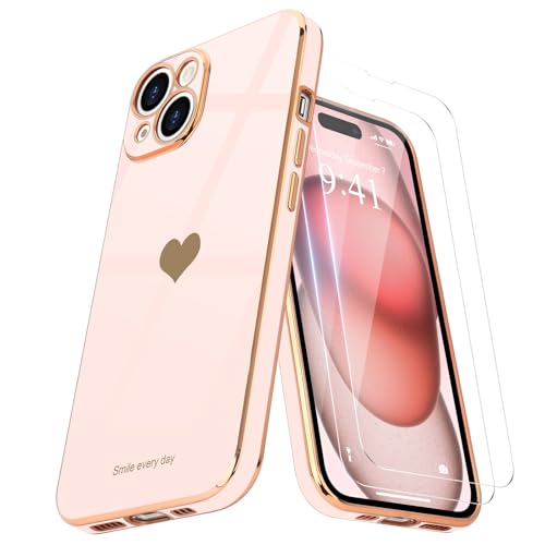 Teageo Kompatibel mit iPhone 15 Hülle + 2 Stück Schutzfolie, Mädchen Herz Styling Hülle Galvanisierte Weich TPU Handyhülle Kameraschutz Kratzfest Phone Case für iPhone 15, Licht Rosa von Teageo