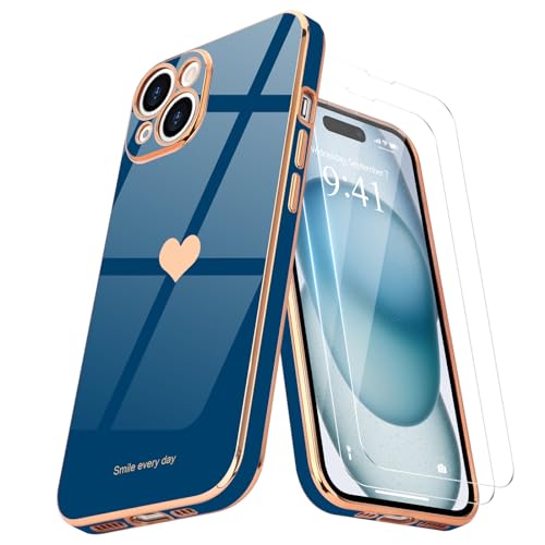 Teageo Kompatibel mit iPhone 15 Hülle + 2 Stück Schutzfolie, Mädchen Herz Styling Hülle Galvanisierte Weich TPU Handyhülle Kameraschutz Kratzfest Phone Case für iPhone 15, Marine Blau von Teageo