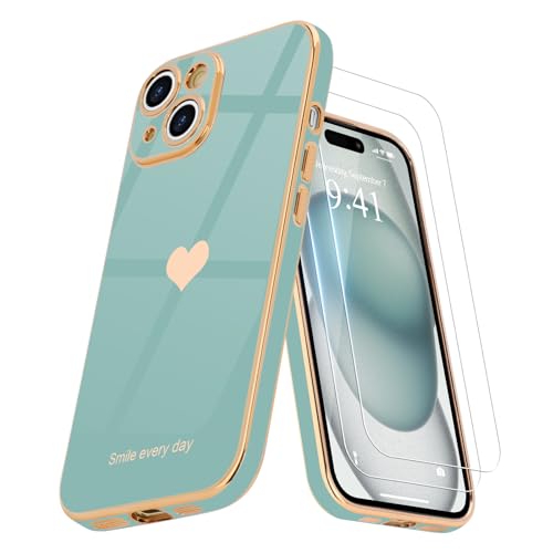 Teageo Kompatibel mit iPhone 15 Hülle + 2 Stück Schutzfolie, Mädchen Herz Styling Hülle Galvanisierte Weich TPU Schutzhülle Kameraschutz Kratzfest Case für iPhone 15, Zyan Teageo Kompatibel mit iPhone 15 Hülle + 2 Stück Schutzfolie, Mädchen Herz Styling Hülle Galvanisierte Weich TPU Schutzhülle Kameraschutz Kratzfest Case für iPhone 15, Zyan von Teageo
