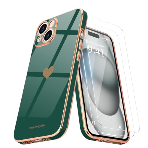 Teageo Kompatibel mit iPhone 15 Hülle + 2 Stück Schutzfolie, Mädchen Herz Styling Hülle Galvanisierte Weich TPU Schutzhülle Kameraschutz Kratzfest Phone Case für iPhone 15, Dunkelgrün von Teageo