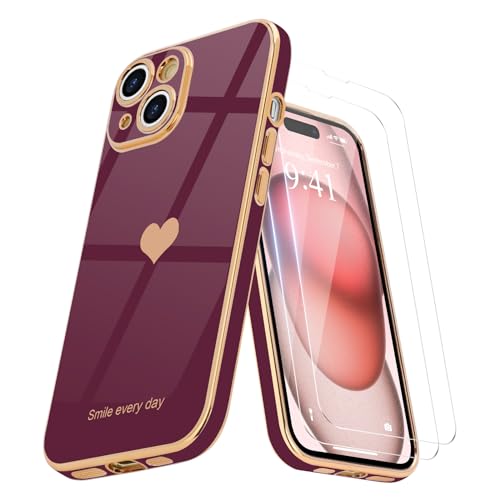 Teageo Kompatibel mit iPhone 15 Hülle + 2 Stück Schutzfolie, Mädchen Herz Styling Hülle Galvanisierte Weich TPU Schutzhülle Kameraschutz Kratzfest Phone Case für iPhone 15, Kirschrote von Teageo