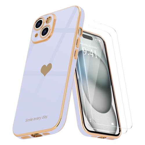 Teageo Kompatibel mit iPhone 15 Hülle + 2 Stück Schutzfolie, Mädchen Herz Styling Hülle Galvanisierte Weich TPU Schutzhülle Kameraschutz Kratzfest Phone Case für iPhone 15, Lila von Teageo