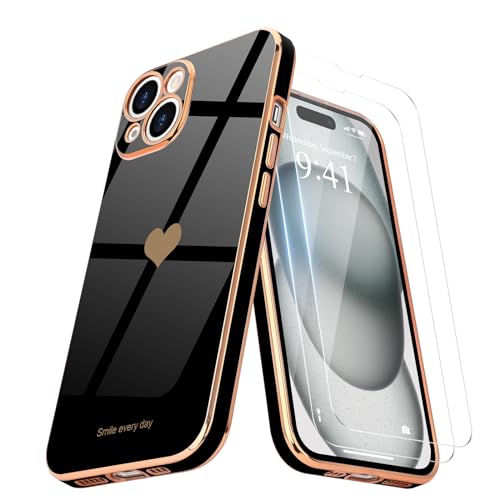 Teageo Kompatibel mit iPhone 15 Hülle + 2 Stück Schutzfolie, Mädchen Herz Styling Hülle Galvanisierte Weich TPU Schutzhülle Kameraschutz Kratzfest Phone Case für iPhone 15, Schwarz von Teageo