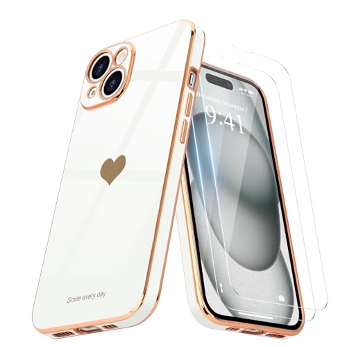 Teageo Kompatibel mit iPhone 15 Hülle + 2 Stück Schutzfolie, Mädchen Herz Styling Hülle Galvanisierte Weich TPU Schutzhülle Kameraschutz Kratzfest Phone Case für iPhone 15, Weiß von Teageo