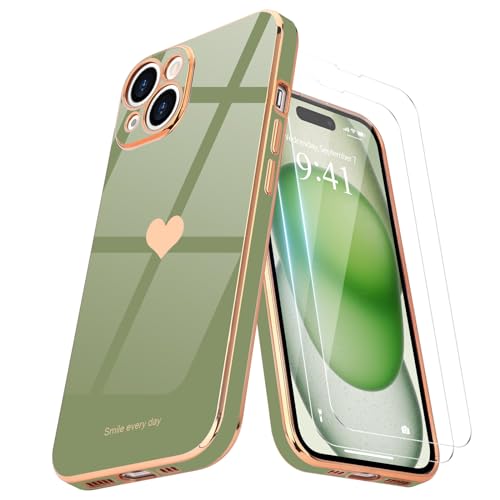 Teageo Kompatibel mit iPhone 15 Plus Hülle + 2 Stück Schutzfolie, Mädchen Herz Hülle Galvanisierte Weich TPU Handyhülle Kameraschutz Kratzfest Phone Case für iPhone 15 Plus, Lichtgrün von Teageo