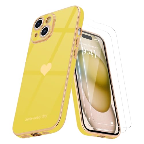 Teageo Kompatibel mit iPhone 15 Plus Hülle + 2 Stück Schutzfolie, Mädchen Herz Hülle Galvanisierte Weich TPU Schutzhülle Kameraschutz Kratzfest Phone Case für iPhone 15 Plus, Gelb Teageo Kompatibel mit iPhone 15 Plus Hülle + 2 Stück Schutzfolie, Mädchen Herz Hülle Galvanisierte Weich TPU Schutzhülle Kameraschutz Kratzfest Phone Case für iPhone 15 Plus, Gelb von Teageo