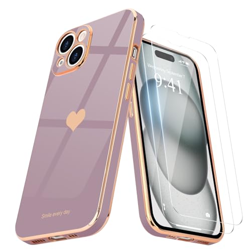 Teageo Kompatibel mit iPhone 15 Plus Hülle + 2 Stück Schutzfolie, Mädchen Herz Hülle Galvanisierte Weich TPU Schutzhülle Kameraschutz Kratzfest Phone Case für iPhone 15 Plus, Sakura Lila von Teageo