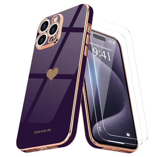 Teageo Kompatibel mit iPhone 15 Pro Hülle + 2 Stück Schutzfolie, Mädchen Herz Hülle Galvanisierte Weich TPU Handyhülle Kameraschutz Kratzfest Phone Case für iPhone 15 Pro, Dunkles Lila von Teageo