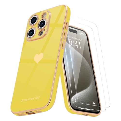 Teageo Kompatibel mit iPhone 15 Pro Hülle + 2 Stück Schutzfolie, Mädchen Herz Hülle Galvanisierte Weich TPU Schutzhülle Kameraschutz Kratzfest Phone Case für iPhone 15 Pro, Gelb von Teageo