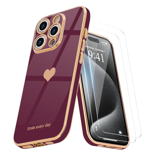 Teageo Kompatibel mit iPhone 15 Pro Hülle + 2 Stück Schutzfolie, Mädchen Herz Hülle Galvanisierte Weich TPU Schutzhülle Kameraschutz Kratzfest Phone Case für iPhone 15 Pro, Kirschrote von Teageo