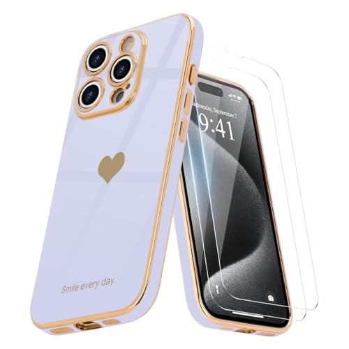 Teageo Kompatibel mit iPhone 15 Pro Hülle + 2 Stück Schutzfolie, Mädchen Herz Hülle Galvanisierte Weich TPU Schutzhülle Kameraschutz Kratzfest Phone Case für iPhone 15 Pro, Lila von Teageo