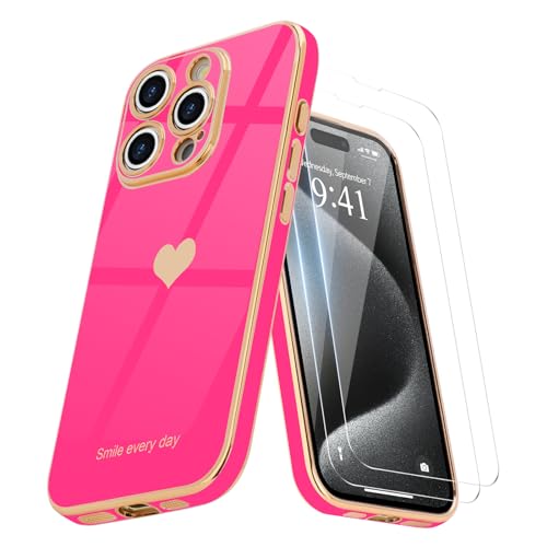 Teageo Kompatibel mit iPhone 15 Pro Hülle + 2 Stück Schutzfolie, Mädchen Herz Hülle Galvanisierte Weich TPU Schutzhülle Kameraschutz Kratzfest Phone Case für iPhone 15 Pro, Rose Rot von Teageo