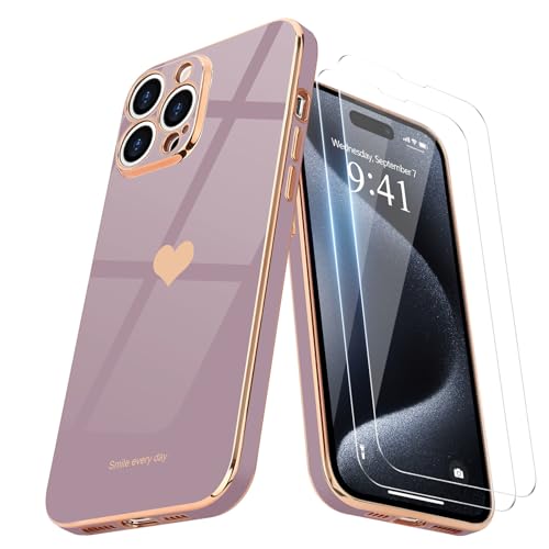 Teageo Kompatibel mit iPhone 15 Pro Hülle + 2 Stück Schutzfolie, Mädchen Herz Hülle Galvanisierte Weich TPU Schutzhülle Kameraschutz Kratzfest Phone Case für iPhone 15 Pro, Sakura Lila von Teageo