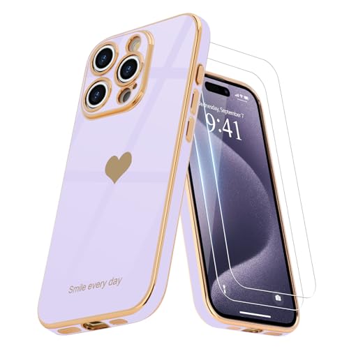 Teageo Kompatibel mit iPhone 15 Pro Hülle + 2 Stück Schutzfolie, Mädchen Herz Styling Hülle Galvanisierte Weich TPU Schutzhülle Kameraschutz Kratzfest Case für iPhone 15 Pro, Violett Teageo Kompatibel mit iPhone 15 Pro Hülle + 2 Stück Schutzfolie, Mädchen Herz Styling Hülle Galvanisierte Weich TPU Schutzhülle Kameraschutz Kratzfest Case für iPhone 15 Pro, Violett von Teageo