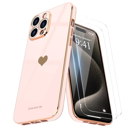 Teageo Kompatibel mit iPhone 15 Pro Max Hülle + 2 Stück Schutzfolie, Mädchen Herz Hülle Galvanisierte Weich TPU Kameraschutz Kratzfest Handyhülle für iPhone 15 Pro Max, Licht Rosa von Teageo
