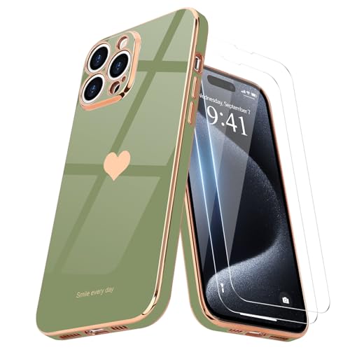 Teageo Kompatibel mit iPhone 15 Pro Max Hülle + 2 Stück Schutzfolie, Mädchen Herz Hülle Galvanisierte Weich TPU Kameraschutz Kratzfest Handyhülle für iPhone 15 Pro Max, Lichtgrün von Teageo